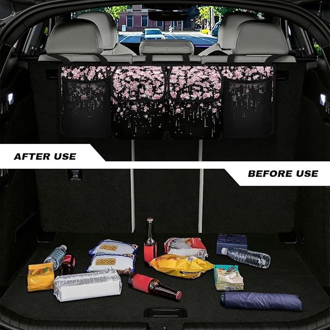 Cherry Blossom Auto Back Seat Trunk Organizer Hanging Car Organizer Trunk Foldable Cargo Storage with 4 Large Pockets 3 Adjustable Straps 37x11.8inch