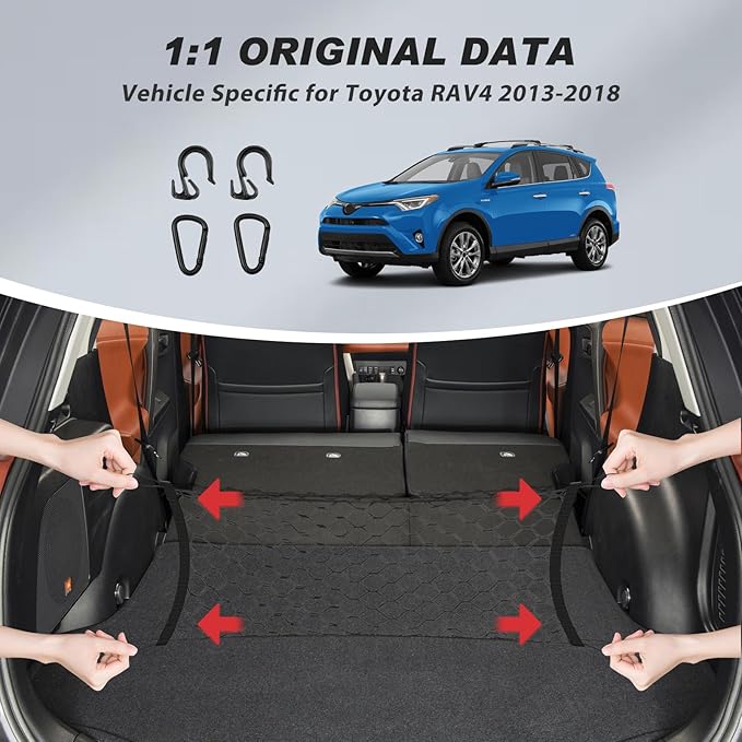 Karltys Envelope Style Cargo Net for Toyota RAV4 2013 2014 2015 2016 2017 2018, Elastic Rear Trunk Mesh Cargo Net for RAV4 Double Layer Nylon Mesh Storage Netting Organizer with Metal Hooks