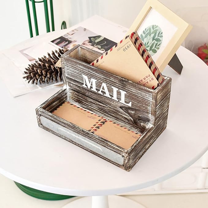 OKSQW Farmhouse Wood Desktop Desk Mail Organizer with 2-Slot Desktop Mail Sorter Holder File Organizer Bill Paper Folder Office Desk Accessories Rustic Office Supplies Home Decor