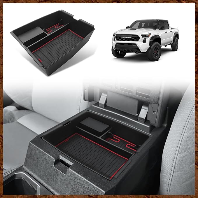 Muslogy Center Console Organizer Compatible with Toyota Tacoma 2024 2025 2026 Accessories Middle Console Storage Box ABS Material with Anti-Slip Mats Interior Insert Tray (Red)