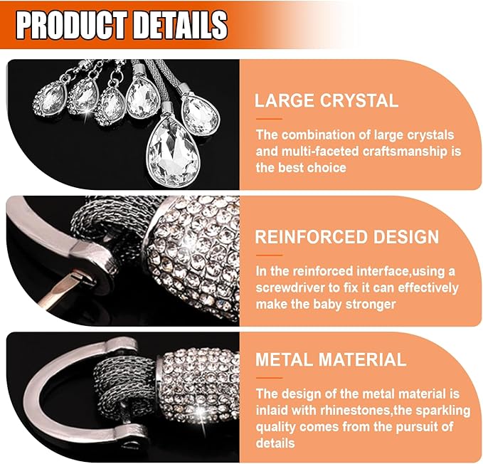 Bling Rhinestone Car Keychain, Fashion Auto Key Fob with Screwdriver, Vehicle Key Decoration Accessories for Woman (White)