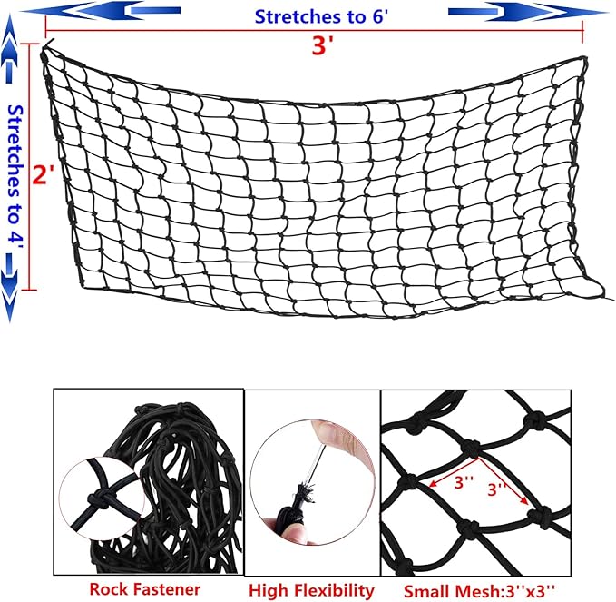 Cargo Net for Pickup Truck Bed 2 X 3 Foot Stretches to 4 X 6 ft, Heavy Duty Truck Bed Net with 3”x3” Small Mesh & 10pcs Carabiners Hooks Compatible with Ford, Dodge RAM, Chevy, Toyota