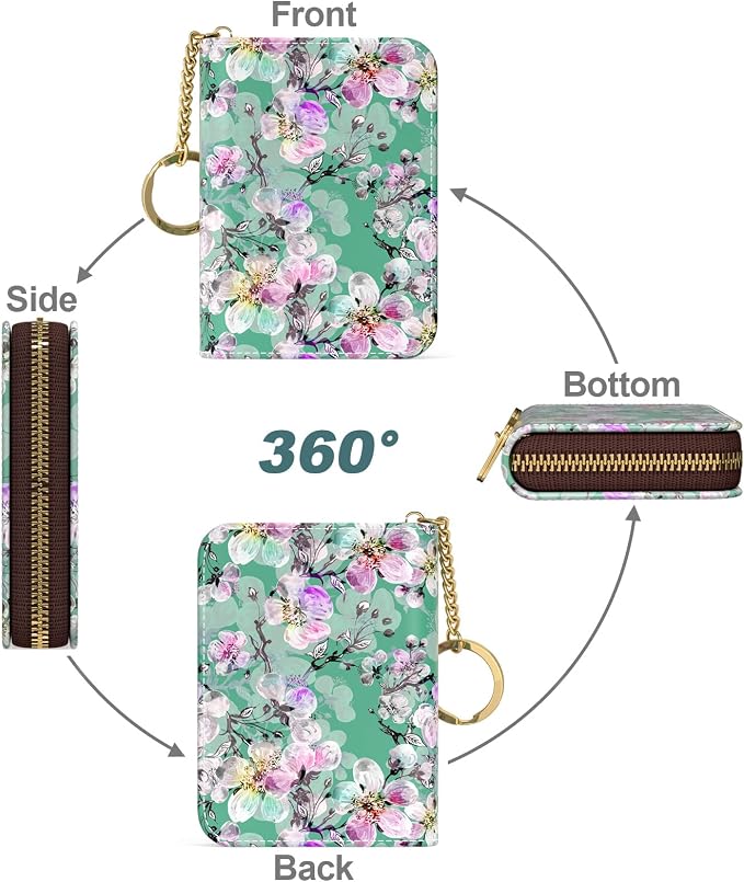 Nipichsha Women's Small RFID Blocking Credit Card Wallet, Plum Flower, Leather, Slim and Compact Size, 12-Slot with Privacy Protection