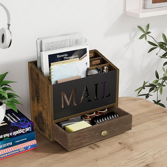 YINMIT Mail Organizer Countertop with 3 Compartments and Drawer, Mail Holder for Desk, Mail Sorter, Mail Organizer Wall Mounted, Countertop Desk Office Accessories Organizer for File Paper Folder
