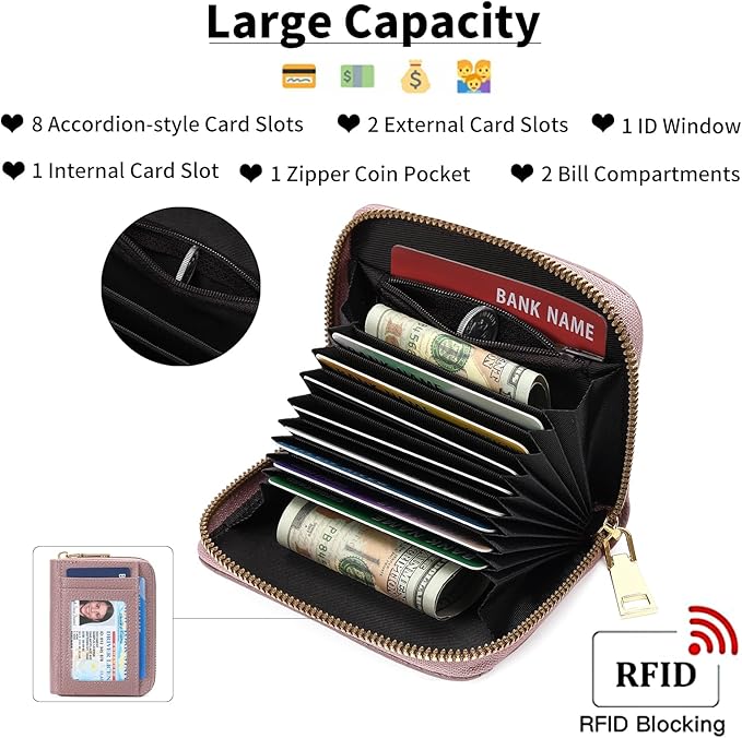 GAEKEAO Wallet Women RFID Blocking Leather Small Compact Zip-Around Credit Card Holder with ID Window & Zipper Pocket