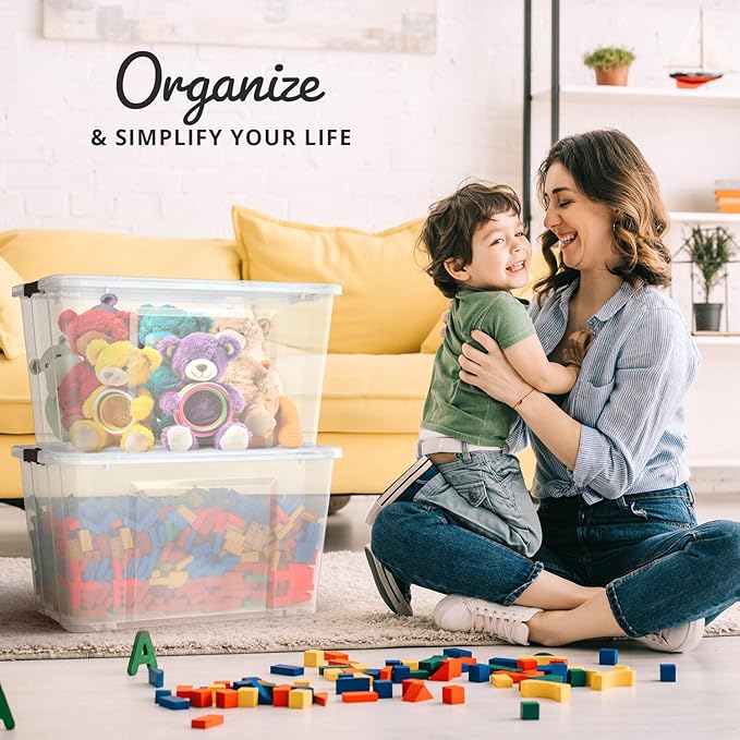 Lifetime Appliance Parts 6 PACK 54 Qt. Plastic Storage Bin Tote Organizing Container with Ultra Durable Lid & Secure Latching Buckles Stackable Extra Strength Clear w/Black Handle