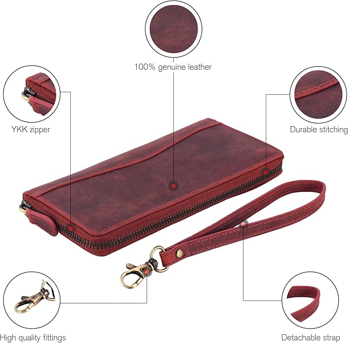 Oak Leathers Red Vintage Leather Wallet for Women - RFID Womens Wallet Clutch with 8 Credit Card Holder, Coin Pocket, Gift for Women’s