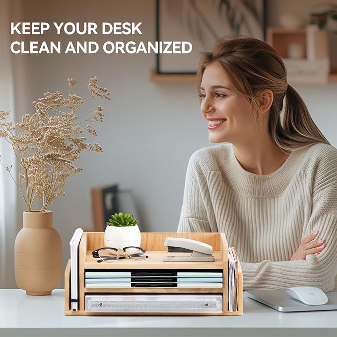 KIRIGEN Wood Desk Organizer 5 Trays, 3-Tier Desktop Document Letter Tray with Side Slots, Fully Assembled Mail Sorter and File Folder Holder for Home Office, Natural 2TP-NA