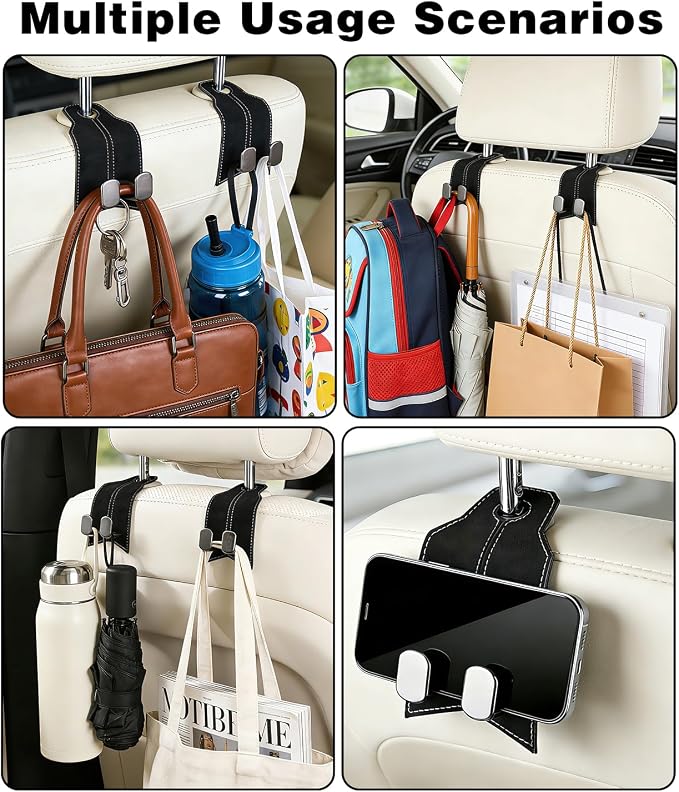 Purse Hook for Car, Car Hooks for Seat Headrest Metal & Premium Leather 2026 Latest, Auto Headrest Hanger Organizer Accessories for Purses and Bags, 2 Pack Black