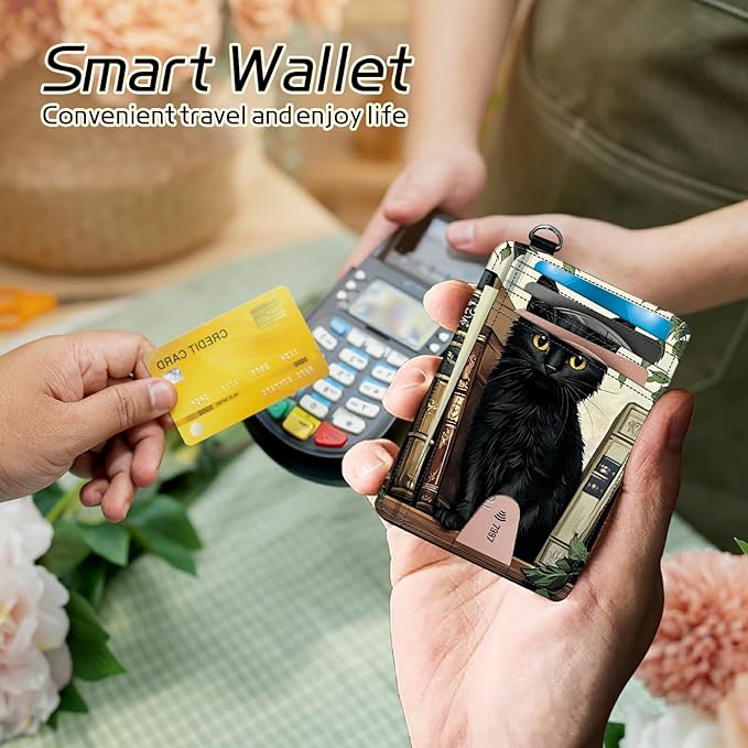 Small Travel Wallets, Black Cat Books Slim Minimalist Front Pocket Wallet with Wristlet, RFID Blocking PU Leather Credit Card Holder with ID Window Change Purse for Men Women
