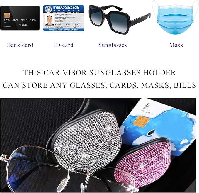 KVAEY Bling Sunglass Holder for Car Visor, Magnetic Leather Visor Clip Glasses Holder with Sparkling Rhinestones, Crystal Visor Ticket Card Clip for Women Girls, Car Accessories (Pink & White)