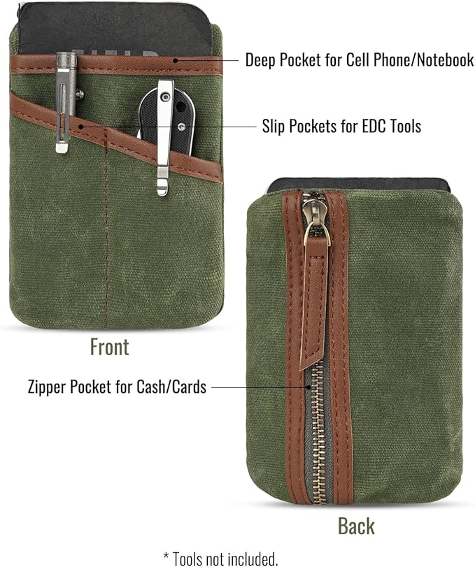 SAYRAM SP9 Pocket Organizer, Waxed Canvas EDC Pouch, Zipper Pocket Organizer Pouch for Men, Slim EDC Organizer for Coins, Notebook, Multitool, Tactical Pen