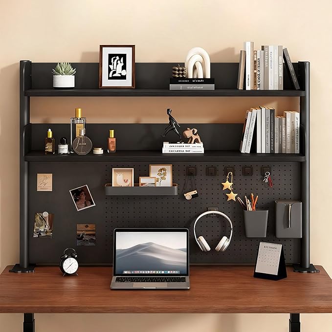 Clamp On Desk Shelf Organizer with Pegboard Desk Hutch Dorm with Storage Bookshelf Desk Top Organizer Shelf Multi-Purpose White & Black Desktop Shelves & Office Shelves (Black, W - 23.6")