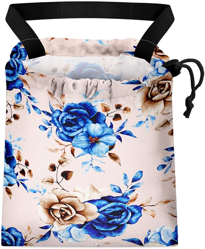 Car Trash Bag Hanging Back of Seat Waterproof Small Cute Printed One-Handed Strap Drawstring Garbage Bags for Car-Blue Rose