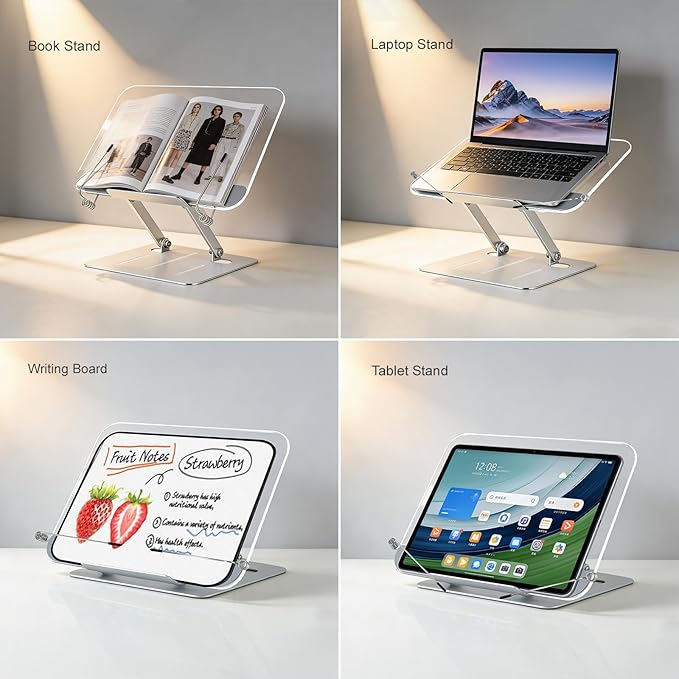 Acrylic Book Stand for Reading, Hands Free Foldable Desktop Book Holder, Height & Angle Adjustable Textbook Stand with Page Clips for Cookbook, Tablet, Music Scores