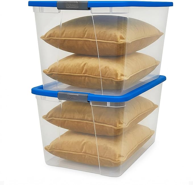 HOMZ 2-Pack Secure Latch, Clear Plastic Storage Organizer Bins, 64 Quart, Blue Lid - Stackable Container Boxes for Bedroom, Bathroom, Garage, and Office Organization