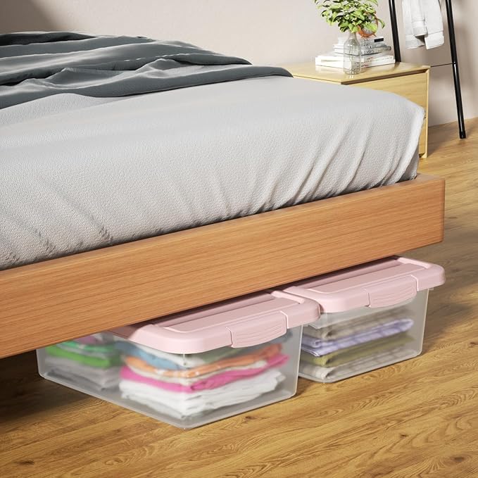 14-Quart Storage Container Bin with Pink Secure Lid and Latch Buckles, Durable Plastic Stackable Nestable Organizin, 2-Pack