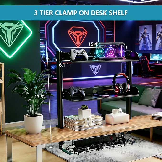Clamp on Desk Shelf,3 Tier Desktop Organizer,Adjustable Clamp on Desk Top Organizer with Under Desk Hidden Storage Basket&Hooks,No Drilling Desk Clamp Storage Shelves for Working Gaming Accessories