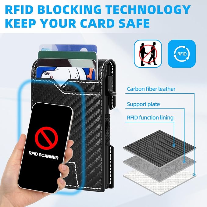 Carbon Fiber Wallet for Men - Slim Bifold RFID Blocking Wallet, Aluminum Credit Card Holder, Money Clip, 10 Card Slots, Gift for Adults