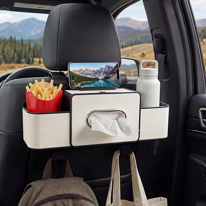 Backseat Car Organizer, 4 in 1 Multifunctional Car Back Seat Storage Organizer with Tissue Box, 2 Cup Holders, Phone Stand and Hooks, Automotive Seat Back Organizers (White)