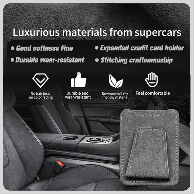 Car Sunglasses Holder - Visor Clip Style & Magnetic Plush Leather Construction Doubles as Credit Card & Fuel Card Box with Storage Pocket &Holds Sunglasses
