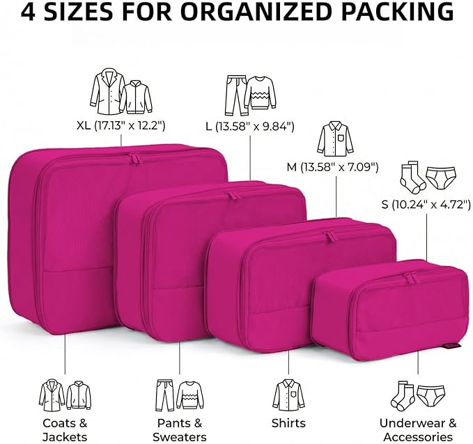 4 Piece Compression Packing Cubes for 3–7 Day Travel, Space Saving Travel Organizers with Breathable Mesh, Double-Zipper Packing Cubes for Carry-On & Suitcases (Red)