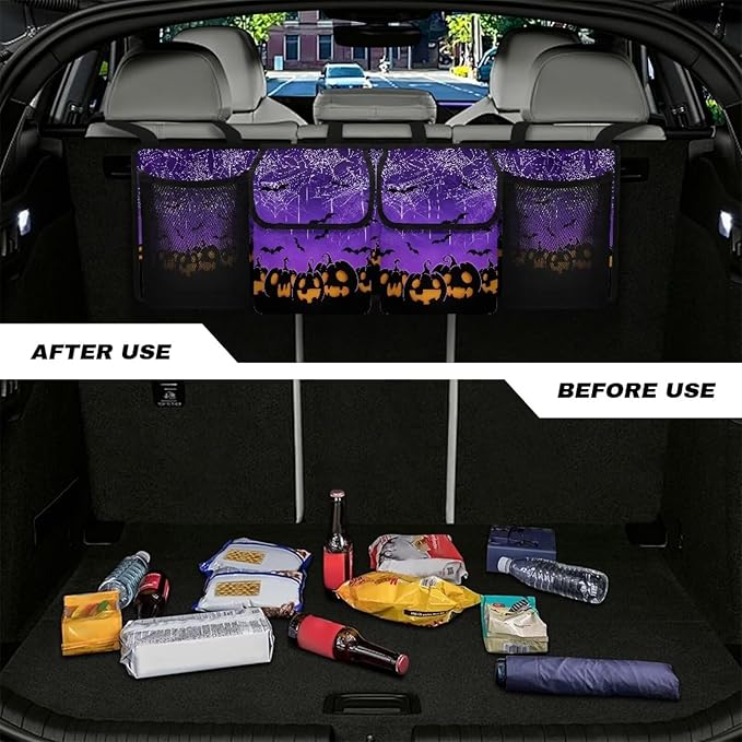 Hanging Organizer for Car Trunk Halloween Prints Collapsible Auto Back Seat Storage Bag with 2 Pockets 2 Mesh Pouches Detachable Automotive Interior Accessories