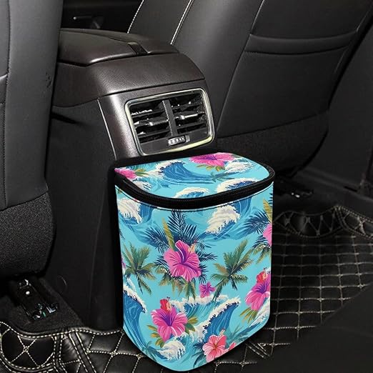 Biyejit Hawaiian Hibiscus Car Trash Can, Adjustable Straps Hanging Storage Organizer Bag, Collapsible Multipurpose Garbage Bin Bag for Car Accessories