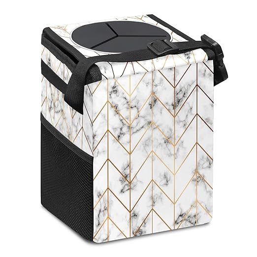Geometric Line Arrow Pattern Auto Garbage Can with Lid, Leak-Proof Car Storage Bag, Hanging for Headrest, Collapsible and Portable, Mesh Pocket