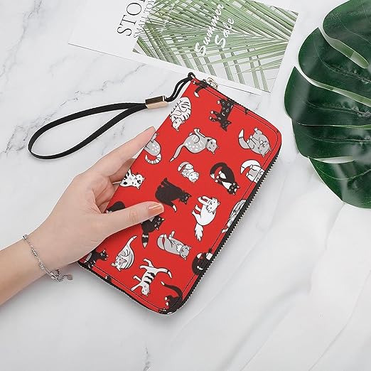 Unisex Zip Around Wallet for Adults Teens Cats Pattern Coin Pouch Cash Pocket PU Leather Wallets Card Holder Organizer Designer Purse with Wristlet Strap