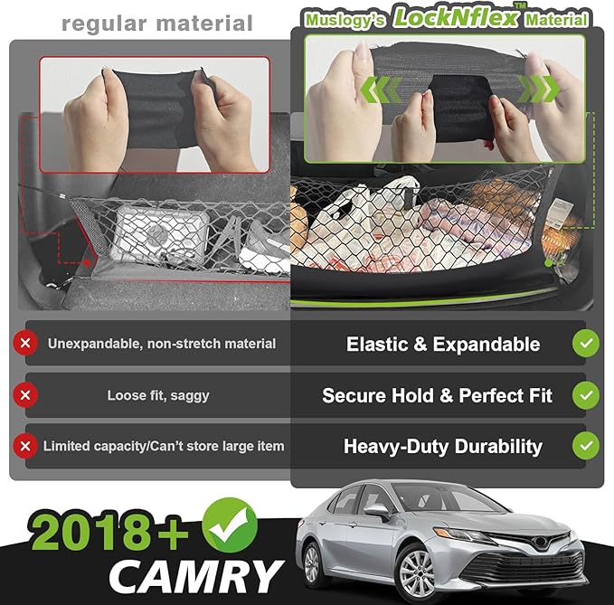 Muslogy Truck Bed Cargo Net Trunk Netting Compatible with 2018-2025 2026 Toyota Camry Accessories, Pickup Cargo Organizer SUV Sedan Storage Net w/Heavy Duty Carabiners