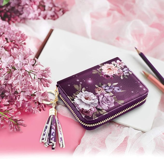 Coco Rossi Women's Small Credit Card Wallet RFID Cute Flower Card Holder for Women, Purple Flower