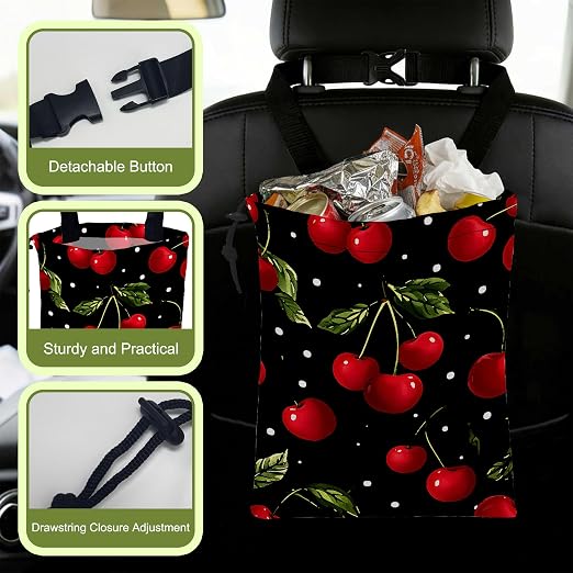 Car Garbage Bag Red Cherry Drawstring Car Trash Bag Hanging for Back Seat with Adjustable Buckle Canvas Vehicle Trash Can Easy-to-Install for Car Accessories Vehicle Travelling Camping