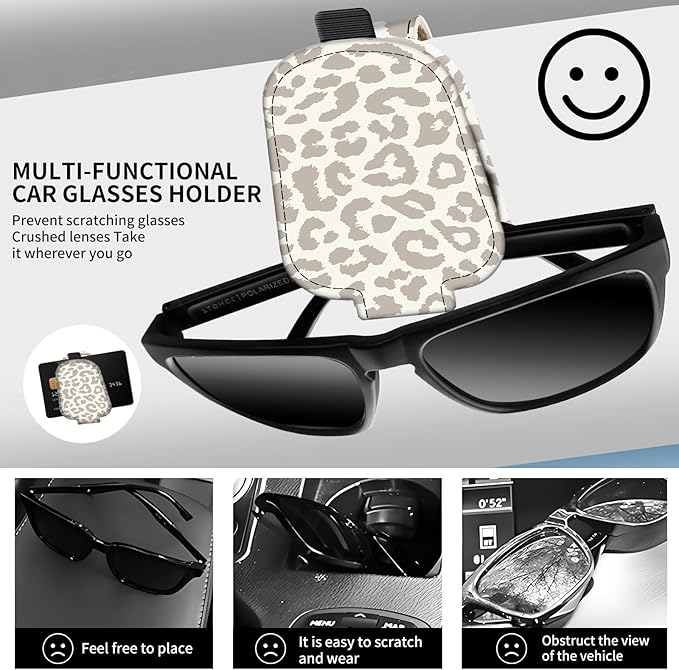 Leather Magnetic Sunglass Holder for Car Sun Visor, Cute Eyeglass Ticket Card Hanger Clip, Universal Auto Interior Accessories for SUV Pickup Truck Beige Leopard Print