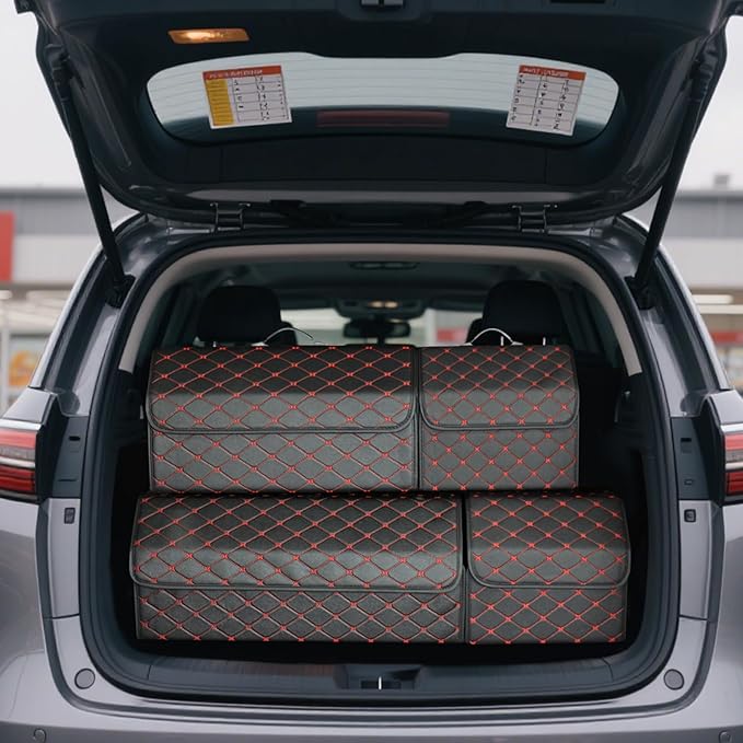 Ergocar Car Trunk Organizer Luxury Foldable Car Boot Tidy Storage Box Waterproof PU Car Boot Storage Organiser for Car/SUV/Truck/Auto (Black Red-L)