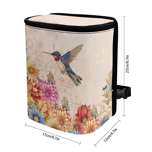 Biyejit Car Rubbish Storage Reusable Car Trash Can for Car SUVs Vans, Car Trash Bag Bin Hanging Waterproof Automotive Car Garbage Cans Leak Proof Vehicle Trash Can, Hummingbird Flowers