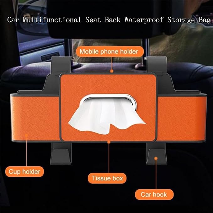 Car Organizer and Storage Box Back Seat, Car Organizer and Storage Box, 3-in-1 Car Seat Back Storage Box, with 2 Cup Holders, Tissue Box and Hooks, Smart Over-Seat CarOrganizer (1, Orange)