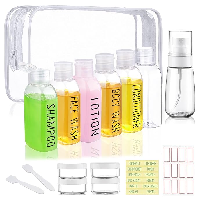 Travel Bottles for Toiletries 10 Pcs 3.4oz Travel Size Toiletries TSA Approved Pre-labeled Travel Shampoo Bottles Refillable Spray Bottle Leak Proof Small Cream Jars for Body Wash Lotion(Clear)