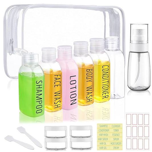 Travel Bottles for Toiletries 10 Pcs 3.4oz Travel Size Toiletries TSA Approved Pre-labeled Travel Shampoo Bottles Refillable Spray Bottle Leak Proof Small Cream Jars for Body Wash Lotion(Clear)