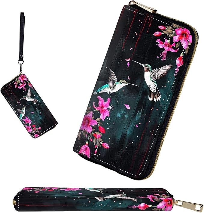 RFID-Blocking Zip Around Wallets for Women with Detachable Wrist Strap,Large Capacity Phone Holder with Card Organizer & Coin Pocket,Flower Hummingbird