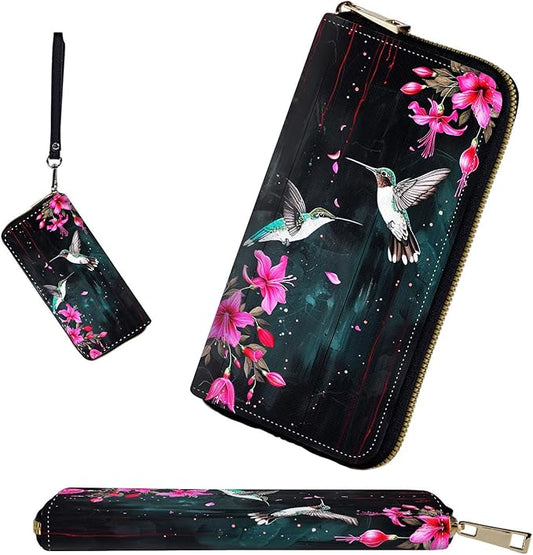 RFID-Blocking Zip Around Wallets for Women with Detachable Wrist Strap,Large Capacity Phone Holder with Card Organizer & Coin Pocket,Flower Hummingbird