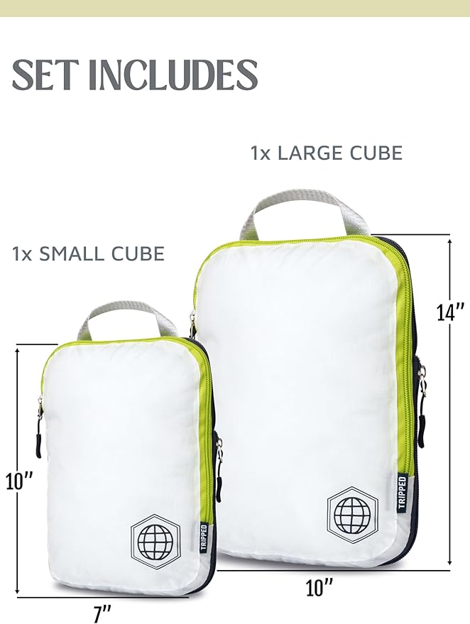 Compression Packing Cubes for Travel, 2-Piece Lightweight Packing Cubes Set for Carry-On Luggage & Backpacks – TRIPPED Travel Gear (White and Green)