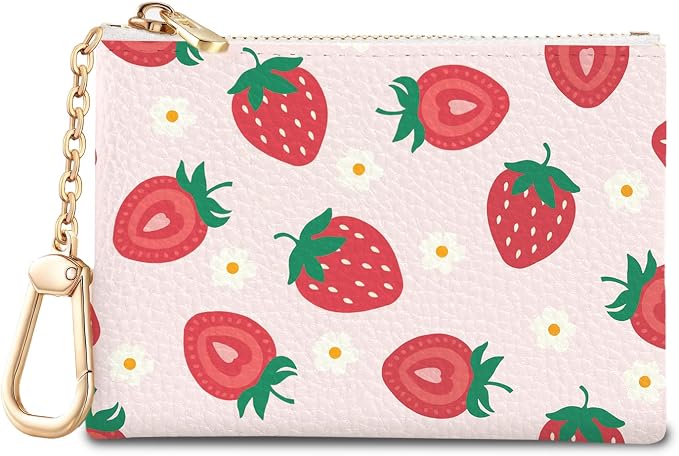 Strawberry Cute Keychain Coin Purse for Women, Small PU Leather Change Pouch, Zipper Little Tiny Travel Wallet for Girls, Cute Kawaii Zip Pocket Coin Holder with Key Ring