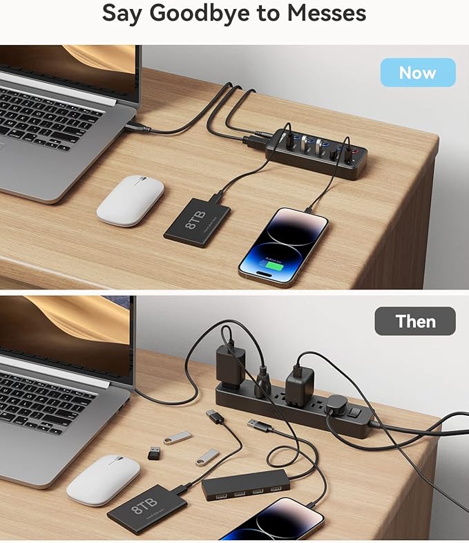 Powered USB Hub, Wenter 5 Ports USB 3.0 Hub (4 Data Transfer Ports+ 1 Smart Charging Port) with Individual LED On/Off Switches, USB Hub 3.0 Powered with 15W Power Supply for PC, MAC