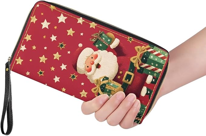 Bulopur Santa Claus Wallet for Women Christmas Gifts for Mom PU Leather Credit Card Holder Money Long Wallet with Wristlet Large Capacity Zip-Around Phone Purse for Ladies Girly