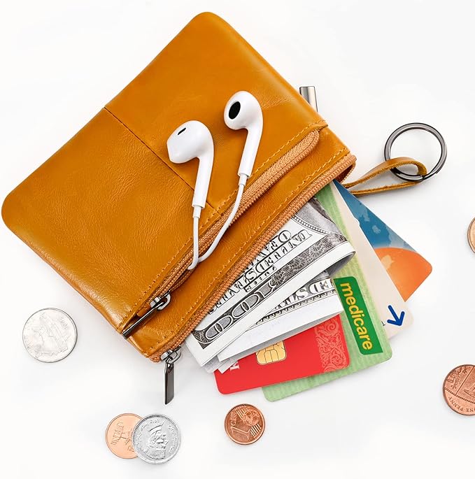 Light Brown Genuine Leather Multi-Functional Wallet - Compact Card Holder, Coin Purse & Key Organizer with 3 Zippers, Built-in Key Ring, Perfect for Travel, Work & Daily Use
