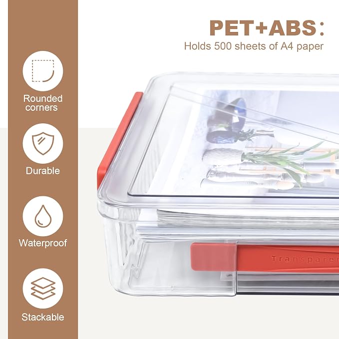 Clear Storage Boxes with Lid - A4 Transparent Paper Storage Organiser with Handle and Portable Project Case Drawer Organizer for Storing Certificates Photos Scrapbook and Invoices(Red Handle)
