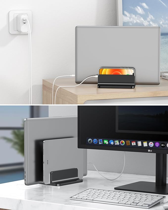 [Updated Dock Version] Vertical Laptop Stand, OMOTON Double Desktop Stand Holder with Adjustable Dock (Up to 17.3 inch), Fits All MacBook/Surface/Samsung/HP/Dell/Chrome Book (Black)