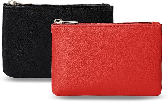 KALIONE 2 Pack Coin Purse, Portable PU Leather Coin Purse with Zipper Coin Purse Mini Change Purse Small Coin Purse for Women Credit Card Folded Bills ID Key Headset Lipstick(Black&Red)