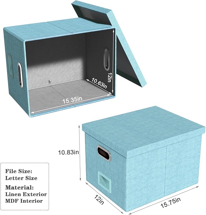 Oterri 2 Pack File Storage Organizer Box,Filing Box,Portable File Box with Lid,Fit for Letter/Legal File Folder Storage,Light-blue-Box only